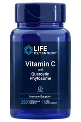 Life Extension Vitamin C and Quercetin Phytosome supplement bottle, 250 vegetarian tablets for immune support.